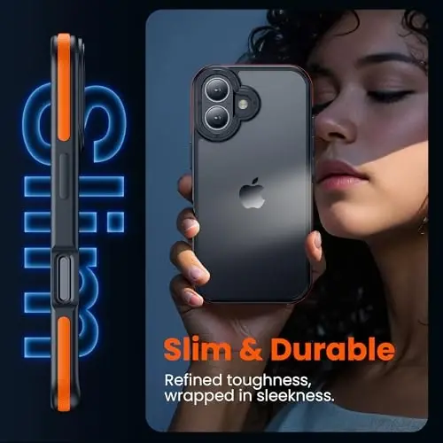 Yriklso for iPhone 16 Plus Phone Case, Shockproof for iPhone 16 Plus Case, Military Grade Drop Protection, Protective Hard Back Slim Translucent Case, Orange Bumper - 4