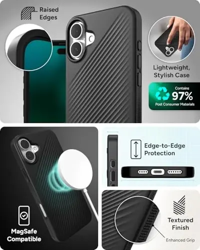 ZAGG Luxe Snap Case for iPhone 16 Plus - MagSafe Wireless Charging, 10ft Drop Protection, Eco-Friendly, Graphene Reinforced, Ripple Design, Black - 4
