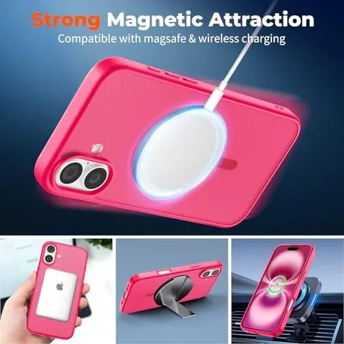 zapica Magnetic for iPhone 16 Plus Case, [Compatible with MagSafe] [Military Grade Drop Protection] Translucent Matte Shockproof Anti-Scratch Phone Case, Hot Pink - 3