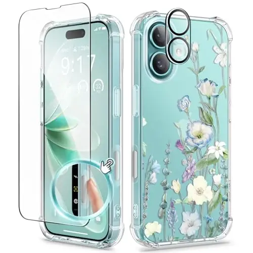 iPhone 16 Plus Kılıfı Çiçekli, Ekran Koruyucu ve Kamera Lens Koruyuculu, [Sararmaz] Kadınlar İçin Yumuşak Darbeye Dayanıklı Şeffaf Telefon Kılıfı, Çiçek Desenli 6.7