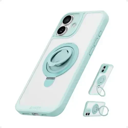 Anker Magnetic Ring Stand for iPhone 16 Plus Case, Silicone Finger Ring Grip Stand Holder, Military Grade Drop Tested, Compatible with MagSafe, Built in Kickstand, Soft Edge Anti-Fingerprint, Green - ANKER