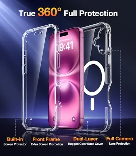 Diaclara Magnetic Designed for iPhone 16 Plus Case,[Full Camera Protection] 360 Clear Bumper Compatible with MagSafe Built-in Screen Protector for 16pluscase,Magnetic Clear - DIACLARA (1)
