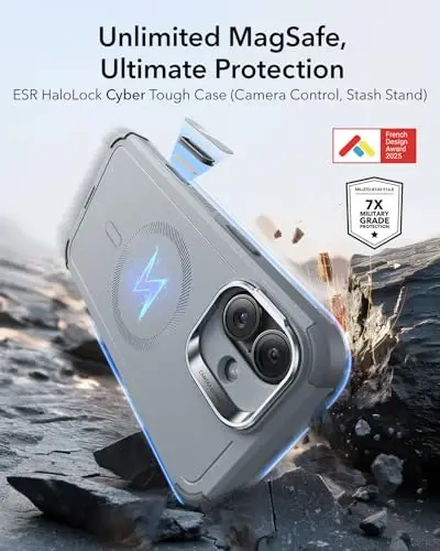 ESR for iPhone 16 Plus Case with Stash Stand, Camera Control, 23FT Military-Grade Shock-Absorbing Drop Protection, Compatible with MagSafe Accessories, Magnetic Cyber Series, Light Grey - 2
