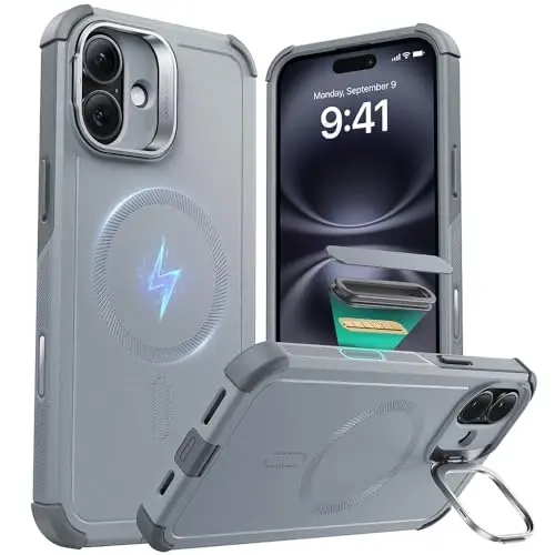 ESR for iPhone 16 Plus Case with Stash Stand, Camera Control, 23FT Military-Grade Shock-Absorbing Drop Protection, Compatible with MagSafe Accessories, Magnetic Cyber Series, Light Grey - 3