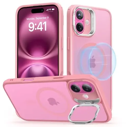 ESR for iPhone 16 Plus Case, Compatible with, Military-Grade Protective Case, Built-in Stash Stand Phone Case, Scratch-Resistant Back Cover, Classic Series, Frosted Pink 