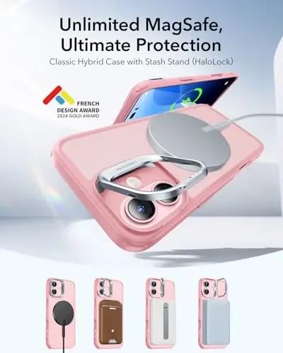 ESR for iPhone 16 Plus Case, Compatible with, Military-Grade Protective Case, Built-in Stash Stand Phone Case, Scratch-Resistant Back Cover, Classic Series, Frosted Pink - 3