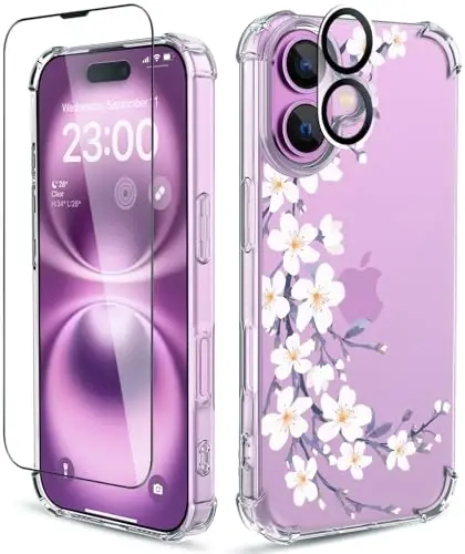 iPhone 16 Plus Kılıfı için ilnehc, [3'ü 1 arada] Ekran Koruyucu ve Kamera Lens Koruyucu ile, Çiçek Desenli Tasarım, Kadınlar ve Kız Çocukları için Şeffaf Yumuşak Darbeye Dayanıklı İnce Çiçekli Telefon Kılıfı 2024 6.7