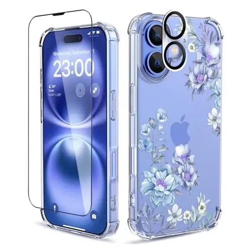 ilnehc for iPhone 16 Plus Case,[3 in 1] with Screen Protector & Camera Lens Protector, Flower Pattern Design,Clear Soft Shockproof Slim Floral Phone Cover for Women Girls 2024 6.7