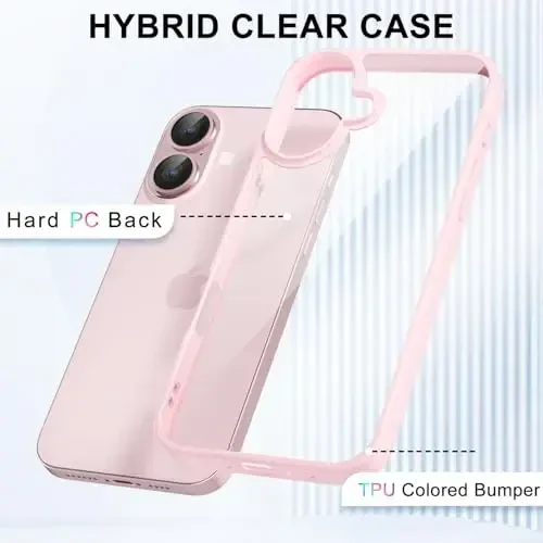 LoeoeL for iPhone 16 Plus Case Clear, Transparent Hybrid 16 Plus Phone Case [Hard Plastic & Soft Silicone Bumper] Acrylic Non Yellowing Thin Slim Protective Cover for Women, Light Pink - 3