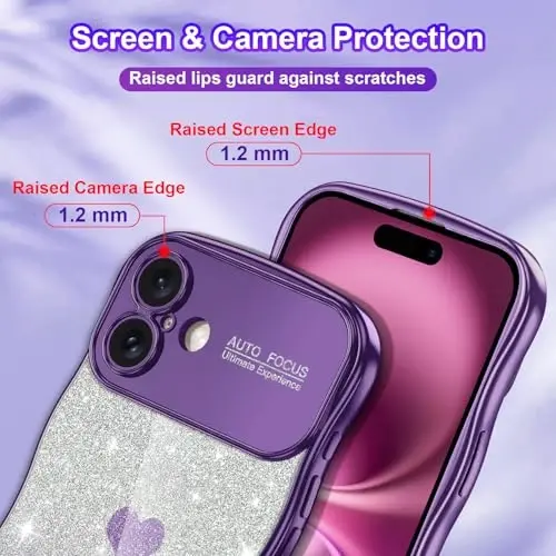 LONTECT for iPhone 16 Plus Case Glitter Sparkle Luxury Plated Cute Curly Waves Border Soft TPU Bumper Shockproof Protective Cover Slim Case for Apple iPhone 16 Plus 6.7 inch,Clear/Dark Purple - 2