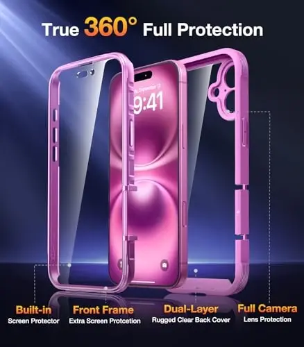 Diaclara Designed for iPhone 16 Plus Case 6.7 Inch,Upgraded [Full Camera Protection] Full Body Rugged Clear Bumper Case with Built-in Screen Protector for 16 Plus,Rose Pink - 2