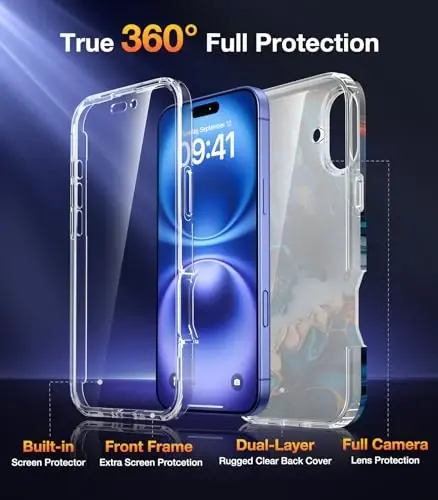 Diaclara Designed for iPhone 16 Plus Case, Full Body Rugged Case with Built-in Touch Sensitive Anti-Scratch Screen Protector, Upgraded [Full Camera Protection] for iPhone 16 Plus 6.7