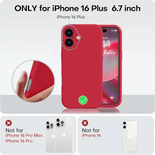 Vooii Compatible with iPhone 16 Plus Case, Liquid Silicone Upgrade [Camera Protection] [Soft Anti-Scratch Microfiber Lining] Shockproof Phone Case for iPhone 16 Plus 6.7 inch - Red - 5