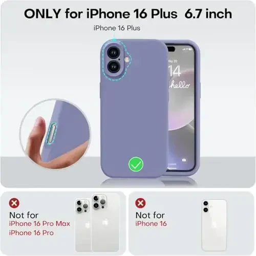 Vooii Compatible with iPhone 16 Plus Case, Liquid Silicone Upgrade [Camera Protection] [Soft Anti-Scratch Microfiber Lining] Shockproof Phone Case for iPhone 16 Plus 6.7 inch - Lavender Grey - 5
