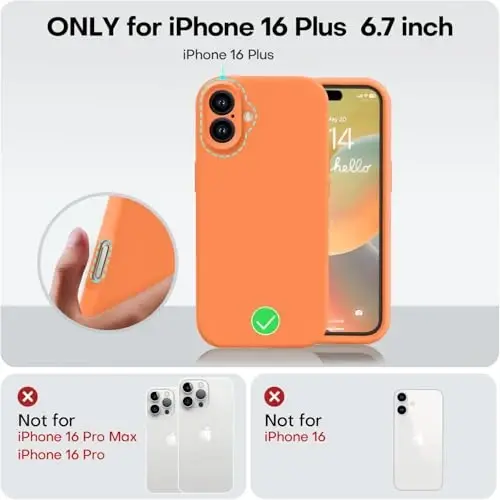 Vooii Compatible with iPhone 16 Plus Case, Liquid Silicone Upgrade [Camera Protection] [Soft Anti-Scratch Microfiber Lining] Shockproof Phone Case for iPhone 16 Plus 6.7 inch - Bright Orange - 5
