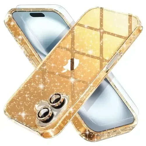 Choiche Compatible for iPhone 16 Plus Case Women Phone Case, Cute Bling Sparkly, Military Grade Drop Protection, 2 Diamond Camera Lens Covers, 2 Tempered Glass Protectors, 6.7 inch (Glitter Gold) - 1
