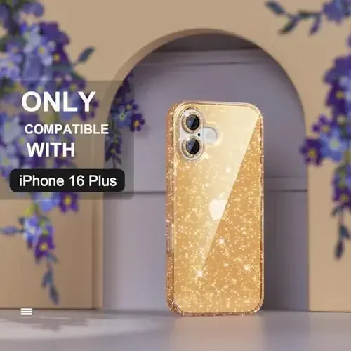 Choiche Compatible for iPhone 16 Plus Case Women Phone Case, Cute Bling Sparkly, Military Grade Drop Protection, 2 Diamond Camera Lens Covers, 2 Tempered Glass Protectors, 6.7 inch (Glitter Gold) - 2