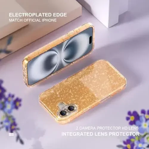 Choiche Compatible for iPhone 16 Plus Case Women Phone Case, Cute Bling Sparkly, Military Grade Drop Protection, 2 Diamond Camera Lens Covers, 2 Tempered Glass Protectors, 6.7 inch (Glitter Gold) - 4