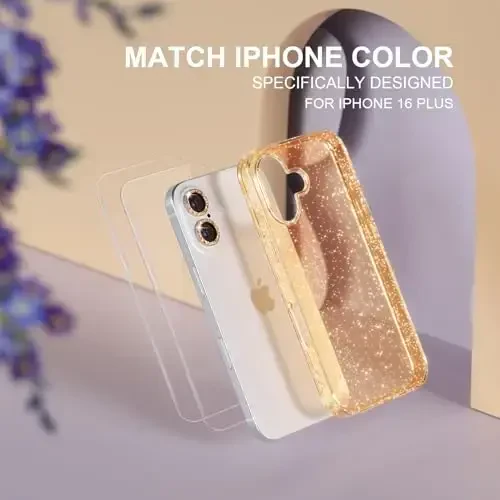 Choiche Compatible for iPhone 16 Plus Case Women Phone Case, Cute Bling Sparkly, Military Grade Drop Protection, 2 Diamond Camera Lens Covers, 2 Tempered Glass Protectors, 6.7 inch (Glitter Gold) - 7