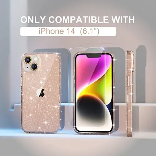 Choiche Compatible for iPhone 14 Case Women Phone Case, Cute Bling Sparkly, Military Grade Drop Protection, 2 Diamond Camera Lens Covers, 2 Tempered Glass Protectors, 6.1 inch (Glitter Gold) - 2