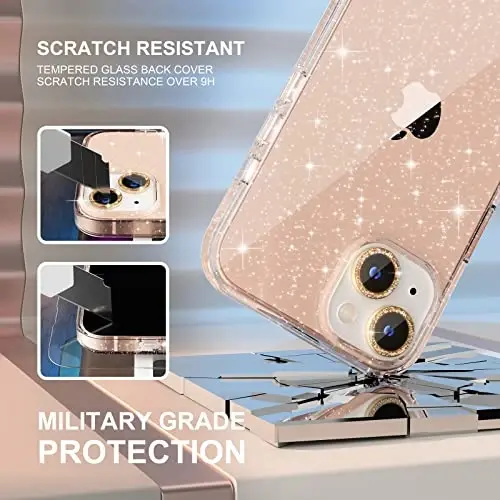Choiche Compatible for iPhone 14 Case Women Phone Case, Cute Bling Sparkly, Military Grade Drop Protection, 2 Diamond Camera Lens Covers, 2 Tempered Glass Protectors, 6.1 inch (Glitter Gold) - 5