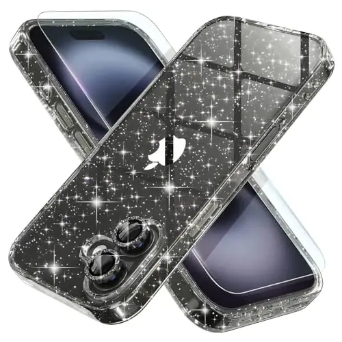 Choiche Compatible for iPhone 16 Plus Case Women Phone Case, Cute Bling Sparkly, Military Grade Drop Protection, 2 Diamond Camera Lens Covers, 2 Tempered Glass Protectors, 6.7 inch (Glitter Black) - CHOICHE