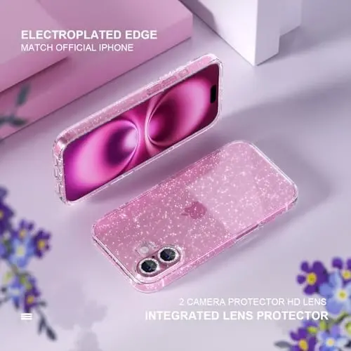 iPhone 16 Plus uchun Choiche mos keladigan ayollar telefon qutisi, yoqimli yaltiroq, harbiy darajadagi tushishdan himoya, 2 ta olmosli kamera linzalari qopqog'i, 2 ta закалённое şüşə himoyachisi, 6,7 dyuym (Glitter Clear) - 4