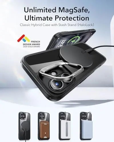 iPhone 16 Plus uchun ESR g'ilofi, MagSafe bilan mos keladi, harbiy darajadagi himoya g'ilofi, o'rnatilgan Stash Stand telefon g'ilofi, tirnalishga chidamli orqa qopqoq, klassik seriya, toza qora - 3
