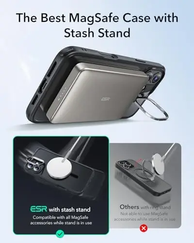 iPhone 16 Plus uchun ESR g'ilofi, MagSafe bilan mos keladi, harbiy darajadagi himoya g'ilofi, o'rnatilgan Stash Stand telefon g'ilofi, tirnalishga chidamli orqa qopqoq, klassik seriya, toza qora - 4