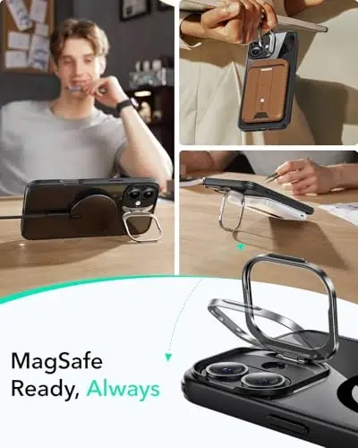 iPhone 16 Plus uchun ESR g'ilofi, MagSafe bilan mos keladi, harbiy darajadagi himoya g'ilofi, o'rnatilgan Stash Stand telefon g'ilofi, tirnalishga chidamli orqa qopqoq, klassik seriya, toza qora - 5