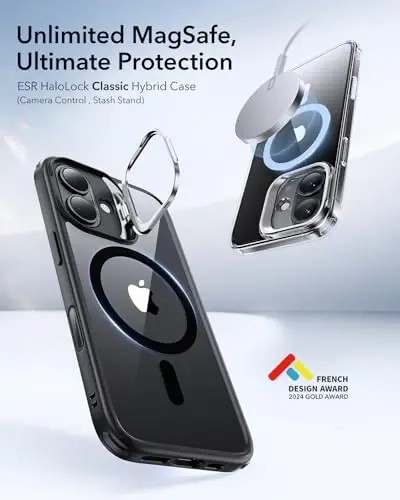 iPhone 16 Plus uchun ESR g'ilofi, mos, harbiy darajadagi himoya g'ilofi, o'rnatilgan yashirin tayanchli telefon g'ilofi, tirnalishga chidamli orqa qopqoq, klassik seriya, shaffof qora - 3