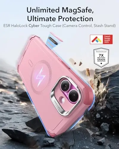 iPhone 16 Plus uchun ESR g'ilofi Stash Stand, Kamera boshqaruvi, 23FT harbiy darajadagi zarbani yutuvchi tushishdan himoya, MagSafe aksessuarlari bilan mos, Magnetic Cyber Series, Pushti - ESR