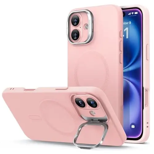 iPhone 16 Plus uchun ESR g'ilofi, Stendli silikon g'ilof, Harbiy darajadagi himoya, O'rnatilgan kamera stend, iPhone 16 Plus uchun magnit telefon g'ilofi, Cloud Series, Pushti - ESR