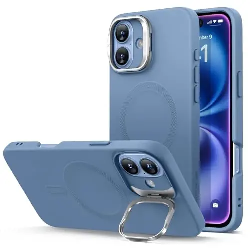 iPhone 16 Plus uchun ESR g'ilofi, Stendli silikon g'ilof, Harbiy darajadagi himoya, O'rnatilgan kamera stend, iPhone 16 Plus uchun magnitli telefon g'ilofi, Cloud seriyasi, och ko'k 