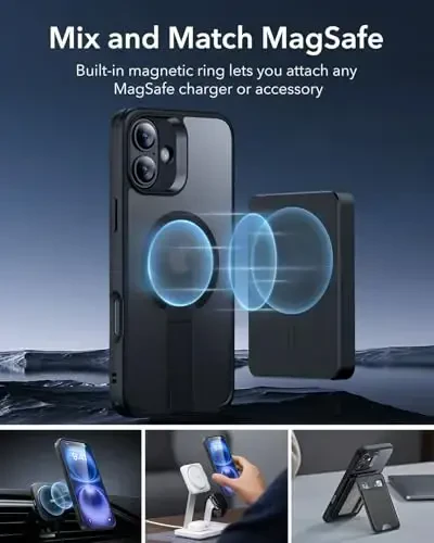 iPhone 16 Plus uchun ESR g'ilofi, tirgakli, MagSafe bilan mos, iPhone 16 Plus uchun magnitli g'ilof, to'liq sozlanishi Flickstand, harbiy darajadagi zarbga chidamli g'ilof, Boost seriyasi, muzli qora - 6