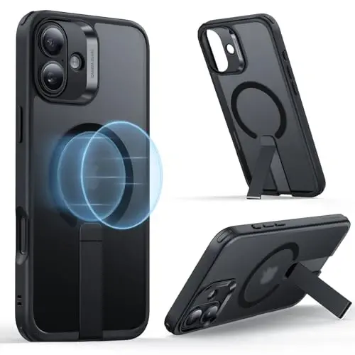 iPhone 16 Plus uchun ESR g'ilofi, tirgakli, MagSafe bilan mos, iPhone 16 Plus uchun magnitli g'ilof, to'liq sozlanishi Flickstand, harbiy darajadagi zarbga chidamli g'ilof, Boost seriyasi, muzli qora 