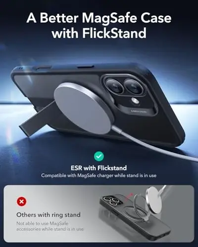 iPhone 16 Plus uchun ESR g'ilofi, tirgakli, MagSafe bilan mos, iPhone 16 Plus uchun magnitli g'ilof, to'liq sozlanishi Flickstand, harbiy darajadagi zarbga chidamli g'ilof, Boost seriyasi, muzli qora - 3