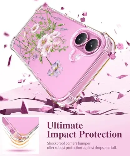 iPhone 16 Plus uchun GVIEWIN g‘ilofi, ekran va kamera linzalari himoyachisi bilan, gulli zarbaga chidamli himoya bamperi, ayollar uchun ingichka yumshoq shaffof telefon g‘ilofi 2024 6,7