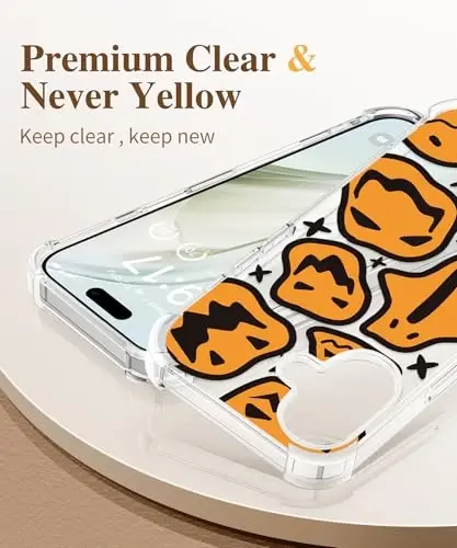 iPhone 16 Plus uchun GVIEWIN guli g'ilof, ekran va kamera linzalari himoyachisi bilan, [sarg'aymaydigan] ayollar uchun yumshoq zarbaga chidamli shaffof himoya g'ilofi, gul naqshli dizayn 6,7 dyuym (Wacky Pumpkin) - 3
