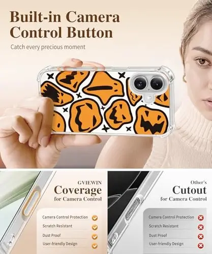 iPhone 16 Plus uchun GVIEWIN guli g'ilof, ekran va kamera linzalari himoyachisi bilan, [sarg'aymaydigan] ayollar uchun yumshoq zarbaga chidamli shaffof himoya g'ilofi, gul naqshli dizayn 6,7 dyuym (Wacky Pumpkin) - 5