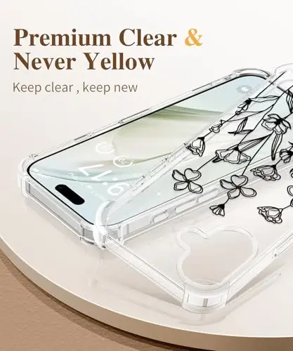 iPhone 16 Plus uchun GVIEWIN gulli g'ilof, ekran va kamera linzalari himoyachisi bilan, [sarg'aymaydigan] ayollar uchun yumshoq zarbaga chidamli shaffof telefon g'ilofi, gul naqshli dizayn 6.7