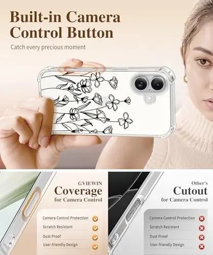 iPhone 16 Plus uchun GVIEWIN gulli g'ilof, ekran va kamera linzalari himoyachisi bilan, [sarg'aymaydigan] ayollar uchun yumshoq zarbaga chidamli shaffof telefon g'ilofi, gul naqshli dizayn 6.7