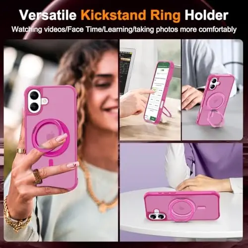 iPhone 16 Plus uchun TOKVANZ g'ilofi, 360° aylanuvchi magnit halqali stend [Mag-Safe mos] [Harbiy darajadagi himoya] Shaffof matli telefon g'iloflari ayollar va erkaklar uchun 6,7'', pushti qizil - 4