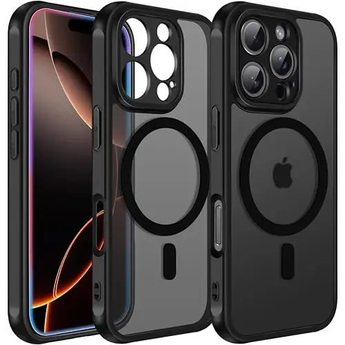ivoler Magnetic Case for iPhone 16 Pro 6.3'' [Compatible with Magsafe] [15 FT Military Grade Protection] Magnetic Charger Case Bumper for 16 Pro, Frosted Translucent Back Phone Cover- Matte Black - 1