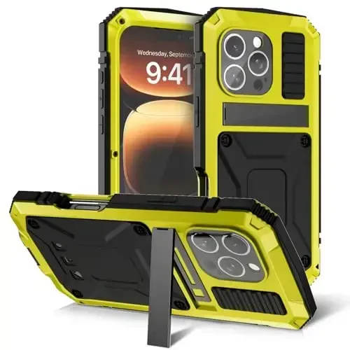 iPhone 16 Pro Case 6.3 dyuymli og'ir yuk ko'taruvchi mustahkam [Alyuminiy Stan] Harbiy darajadagi metall kauchuk [Ekran himoyachisi kamera linzalari o'rnatilgan] Telefon qopqog'i (, iPhone 16 Pro 6.3'' 2024 uchun mos) Sariq - 2