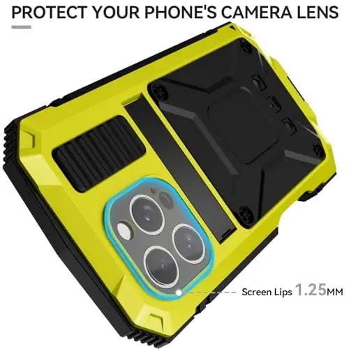 iPhone 16 Pro Case 6.3 dyuymli og'ir yuk ko'taruvchi mustahkam [Alyuminiy Stan] Harbiy darajadagi metall kauchuk [Ekran himoyachisi kamera linzalari o'rnatilgan] Telefon qopqog'i (, iPhone 16 Pro 6.3'' 2024 uchun mos) Sariq - 6