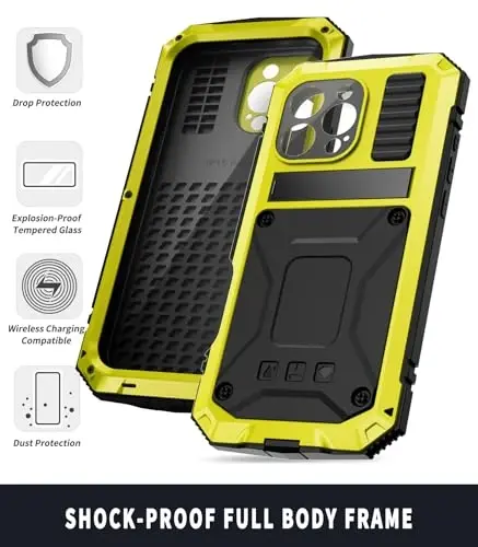 iPhone 16 Pro Case 6.3 dyuymli og'ir yuk ko'taruvchi mustahkam [Alyuminiy Stan] Harbiy darajadagi metall kauchuk [Ekran himoyachisi kamera linzalari o'rnatilgan] Telefon qopqog'i (, iPhone 16 Pro 6.3'' 2024 uchun mos) Sariq - 5