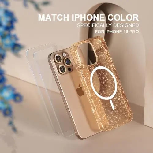 iPhone 16 Pro Case Magnetic uchun Choiche, Ayollar uchun Shaffof Yaltiroq Bling Keys, [3x Olmos Kamera Linzalari Himoyachilari] [2x Temperlangan Shisha Ekran Himoyachilari] [MagSafe Bilan Mos] 6.3 dyuym (Yaltiroq Oltin) - 2