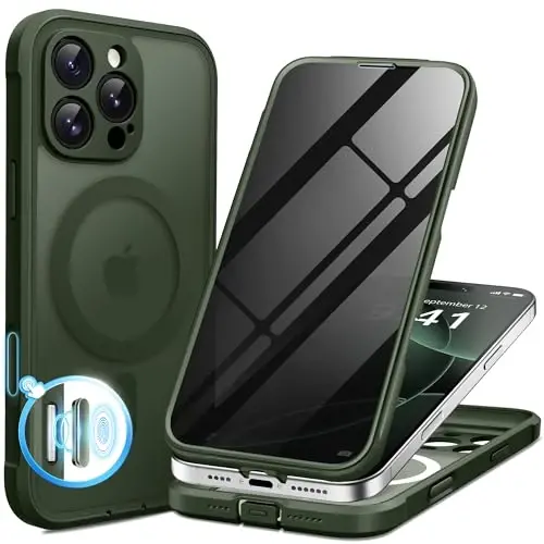 BERFY for iPhone 16 Pro Case, Compatible with Magsafe, Deep Green | Built-in Privacy Screen Protector, Full Camera Protection, Shockproof Full Body Translucent Matte Magnetic Phone Case 6.3