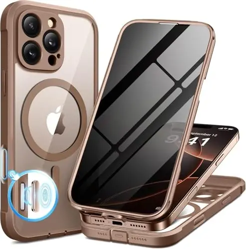 BERFY for iPhone 16 Pro Case, Compatible with Magsafe, Desert Brown | Built-in Privacy Screen Protector, Full Camera Protection, Shockproof Full Body Magnetic Clear Phone Case 6.3